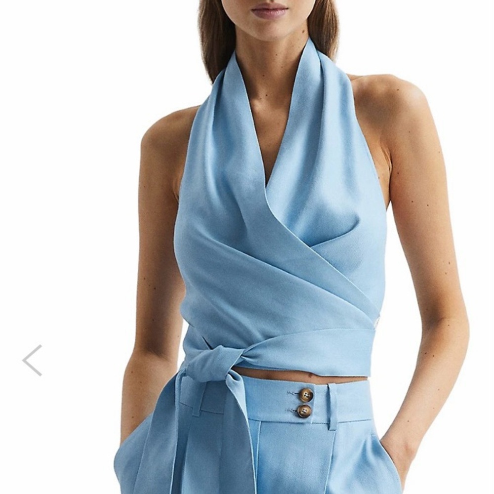 REISS Blue Hollie Halter Neck Linen Blend Top